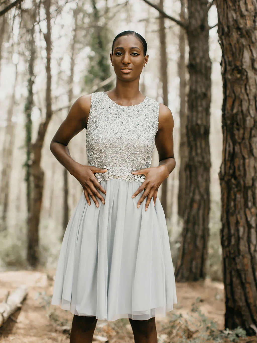 Vestido IRIA MINI GREY - Vestido Corto Bordado Pedrería